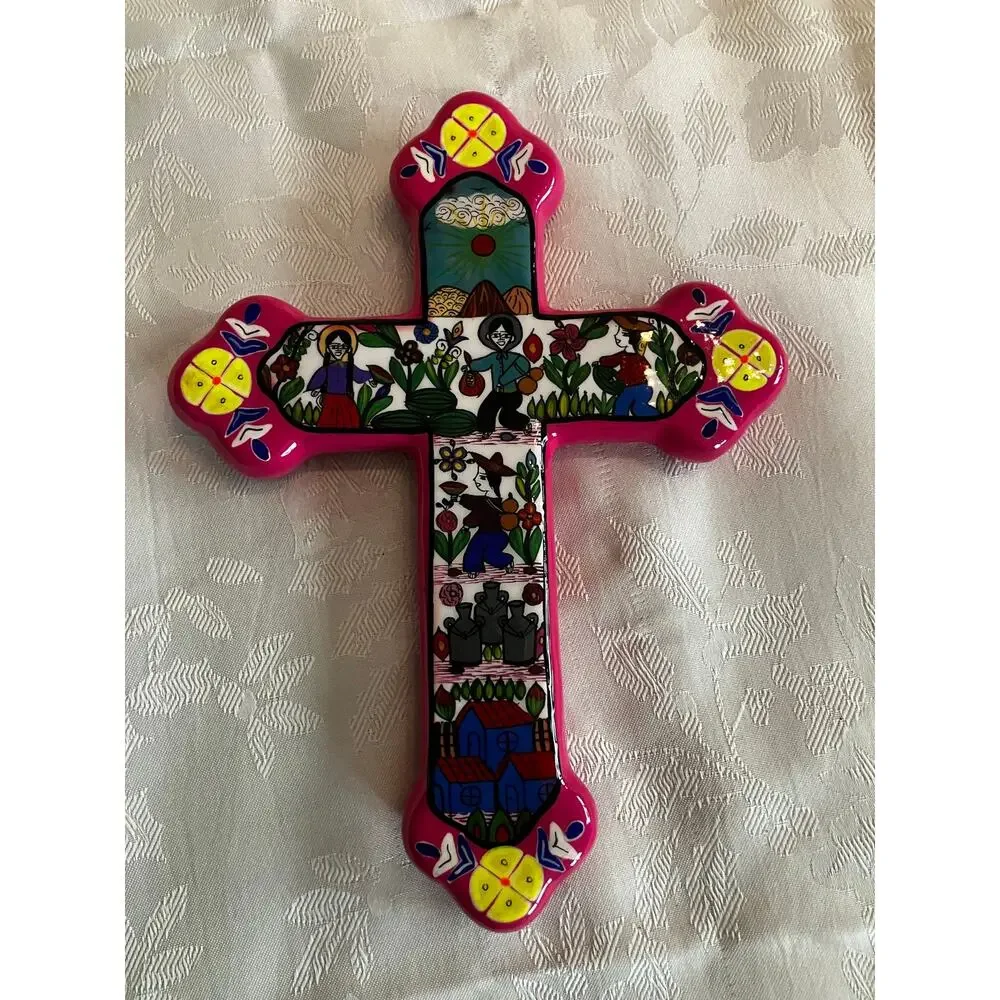J Ascencion P Guerrero Mexico Ceramic Folk Art Cross Hand Painted Farmers